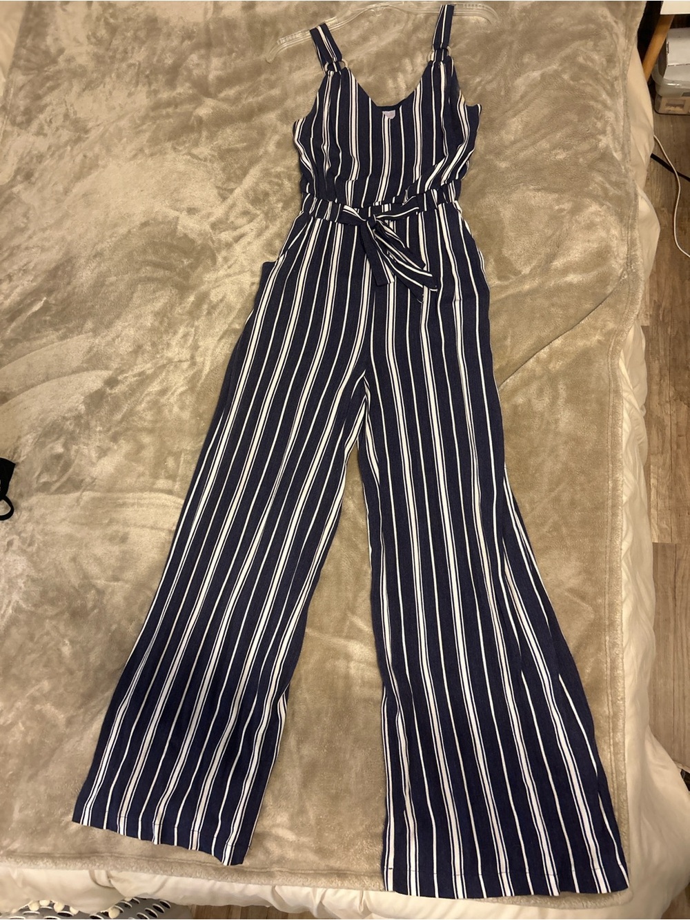 No Boundaries Navy and White Striped Tie-Waist Jumpsuit